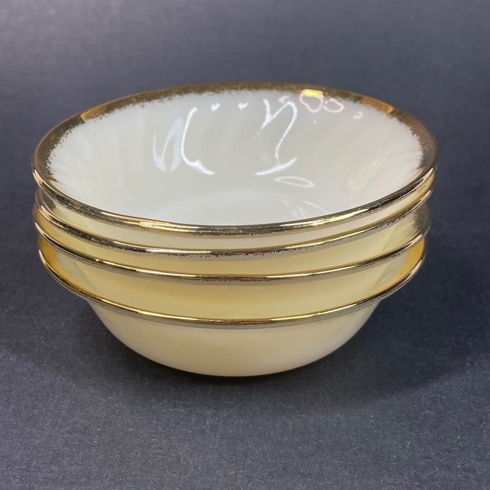 Vintage Fire King Milk Glass Berry Bowls Set 4 Gold Rim Catchall Trinket